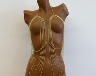 Gold Body Necklace Bra - Body Chain - Gold Metal Body Chain - Body Jewelry - Exquisite Body Chain - Holiday Jewelry