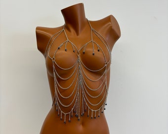 Sujetador de cadena plateada, cadena corporal con cuentas, joyería corporal, sujetador de cadena sexy, cadena corporal festiva