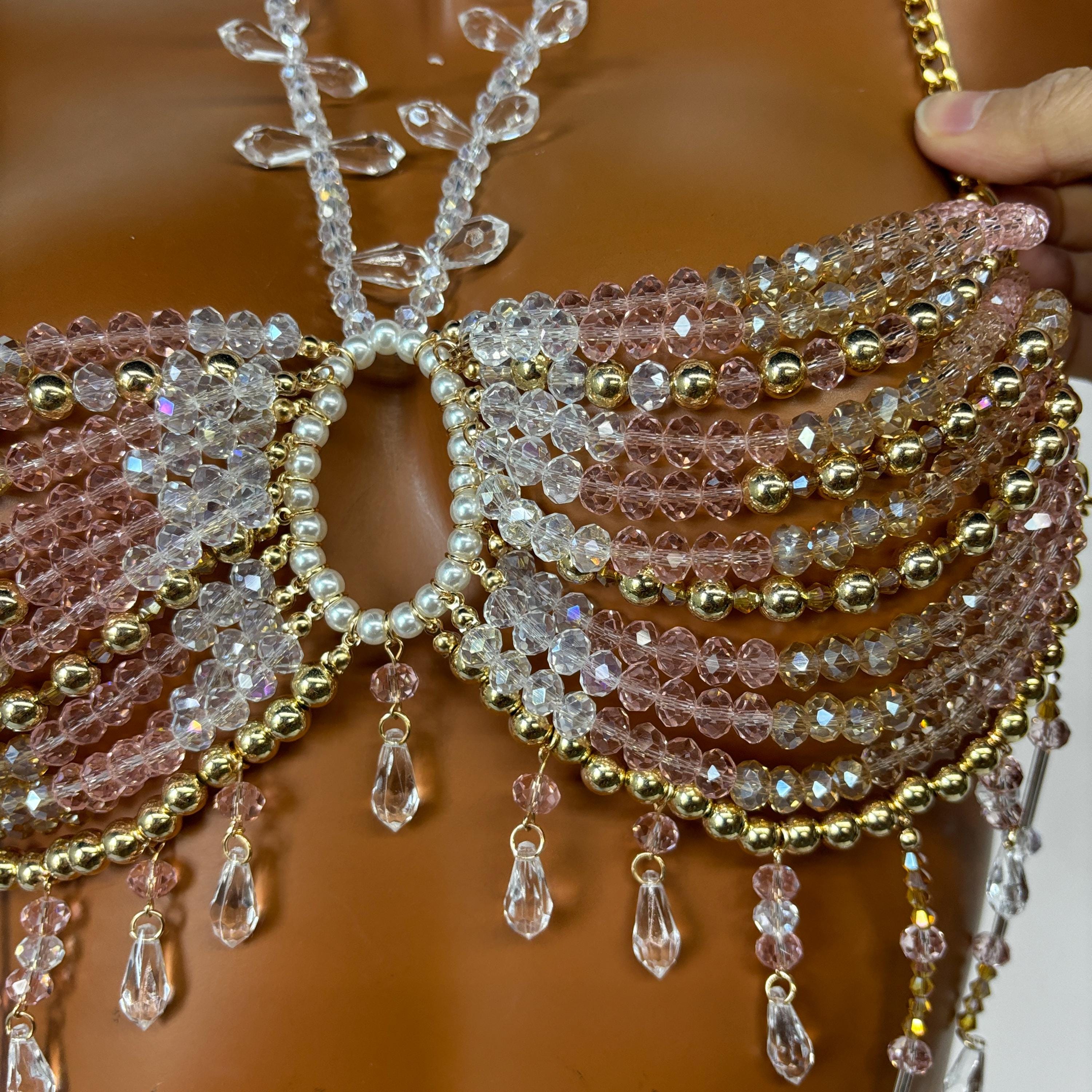 Handmade Green Beaded Chest Jewelry – Elegant Crystal Body 