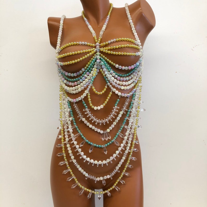Colorful crystal beaded bra body chain, body jewelry, beach, hippie, holiday jewelry, 画像 2