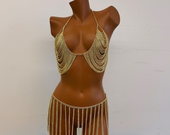 Body chain bra and bottom chain, bra, waist chain, chain skirt, set, body chain, body jewelry,