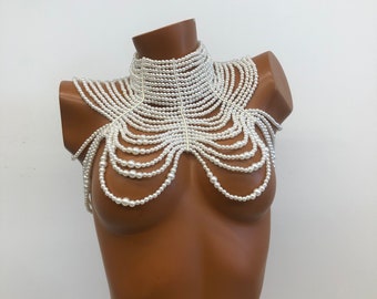 Vintage Pearl Body Chain Handmade Pearl Women's Bra, Party, Wedding, Photo Shooting, Adjustable Pearl Body Chain