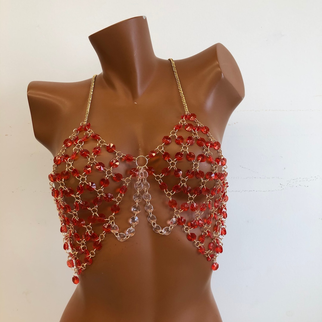 Red Crystal Beaded Body Chain Bra/chain Bra