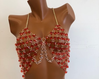 Red crystal beaded body chain bra/chain bra