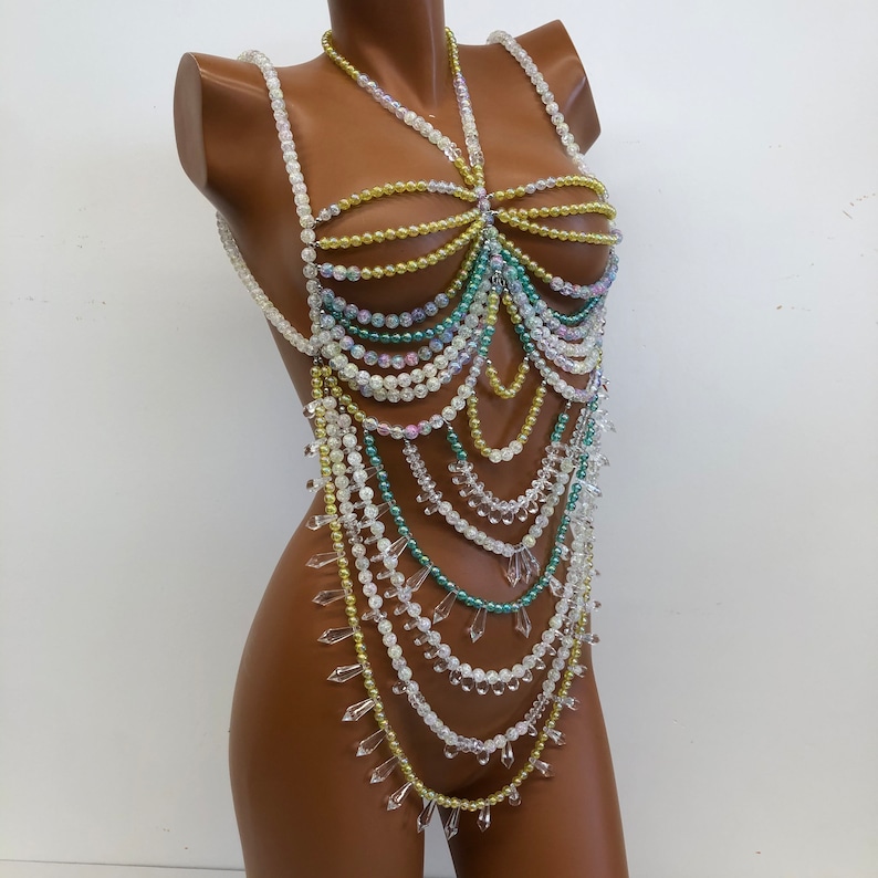 Colorful crystal beaded bra body chain, body jewelry, beach, hippie, holiday jewelry, image 4