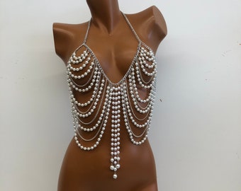 Pearl Body Chain, Bride Body Jewelry, Pearl Body Chain Bra, Chain Body Jewelry,
