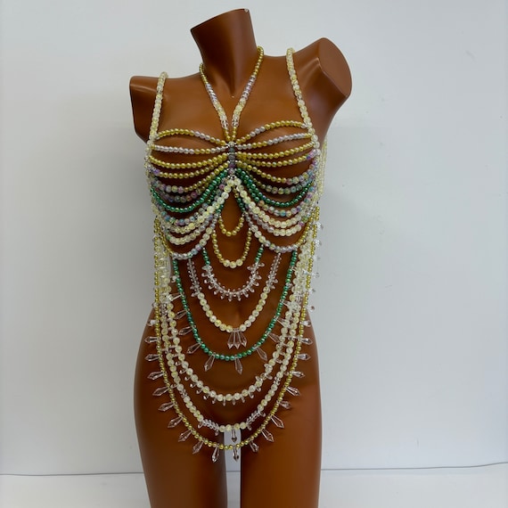 Colorful Crystal Beaded Bra Body Chain, Body Jewelry, Beach 