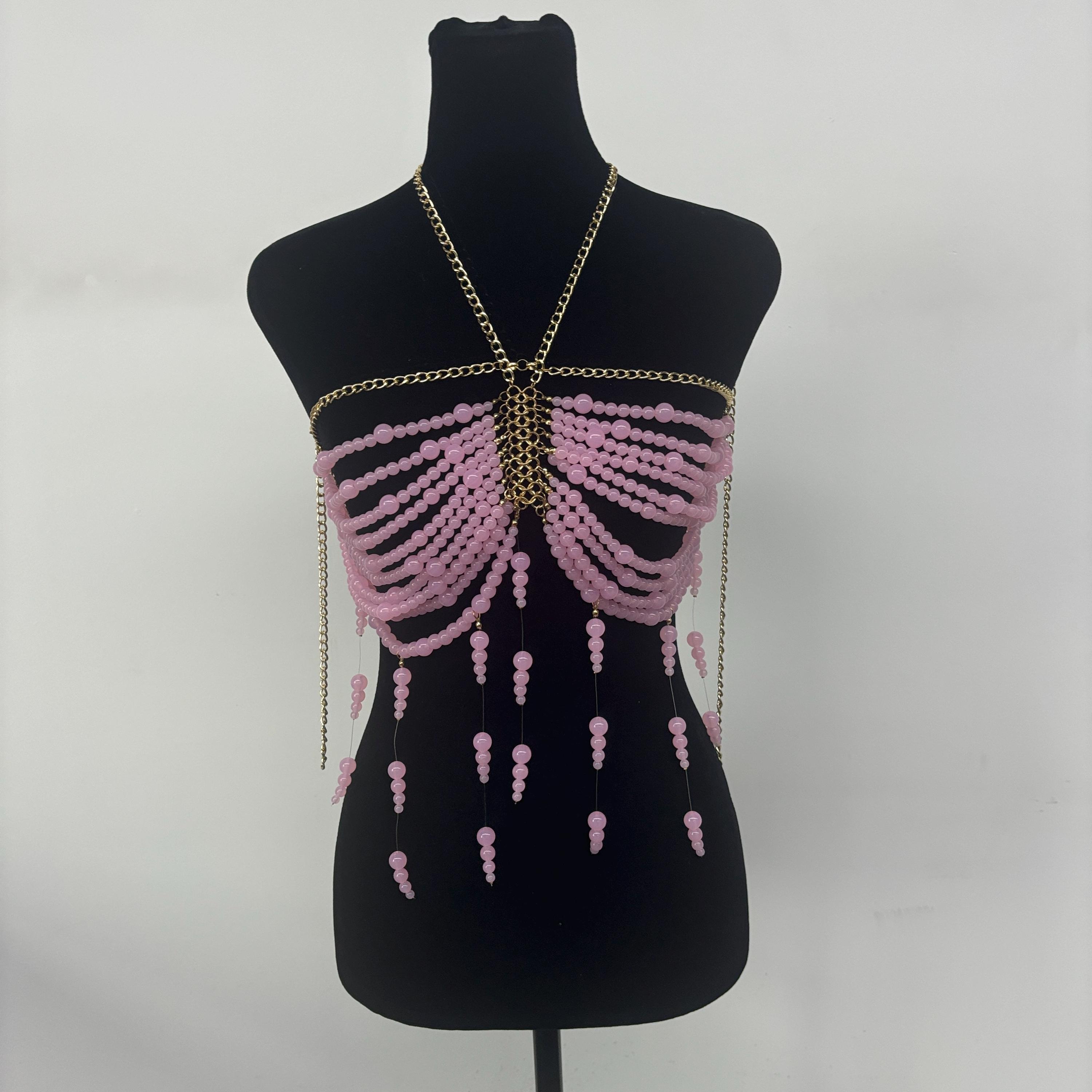 Beaded Pearl Body Chain, Rave Bra, Custom Beaded Top, Pearl  display picture 3