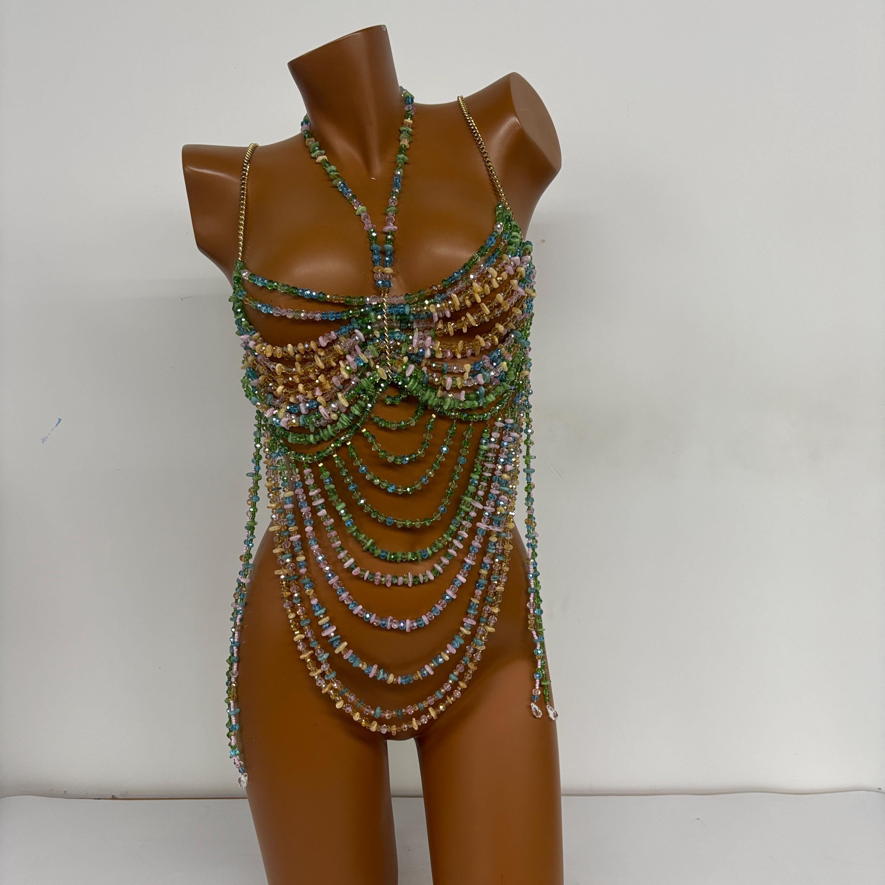 Handmade Stainless Steel Layered Baroque Pearl Chain Bra Body Chain (Faux Pearl), Custom Sized, Non-Tarnish