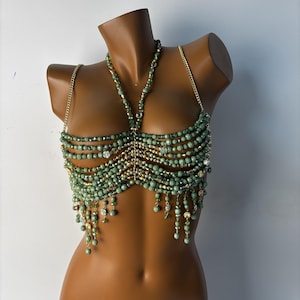 Bijoux de poitrine faits main en perles vertes rouges - Élégante chaîne de corps en cristal