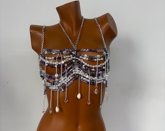 Beaded Bralette for Christmas, Holiday Birthday Gift for Her, Beaded Body Chain & Skirt, Mermaid Top Birthday Outfit, Fairy Top Bra