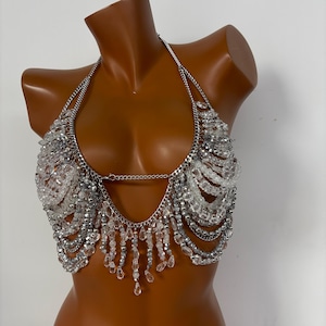 Puede incluir: Top halter plateado con cuentas transparentes y plateadas. El top presenta un escote de cadena y una franja de cuentas. Las cuentas están dispuestas en filas y grupos, creando un efecto brillante. Diseñado como una pieza llamativa.