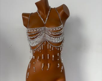 Handmade Crystal Body Chain Christmas Outfit, Party Mermaid Top, Body Chain Bra, Beaded Rhinestone bra top, Bikini Jewelry, Rave Costume