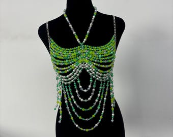 Color Gemstone Bead Bra Pearl, Beaded Bralette Body Chain, Mermaid Core Top Festival Outfit Carnival Burlesque Costume,