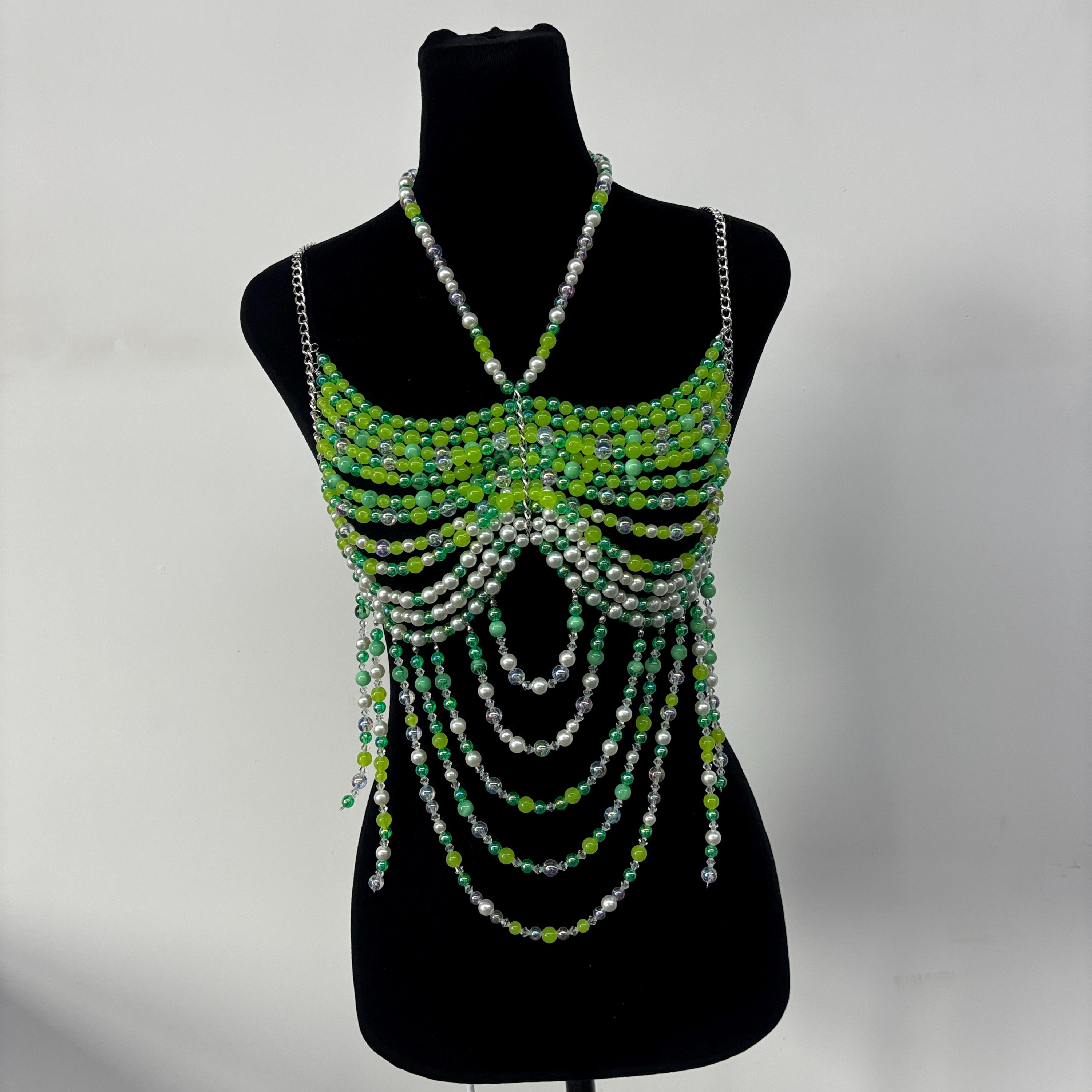 Color Gemstone Bead Bra Pearl, Beaded Bralette Body Chain 
