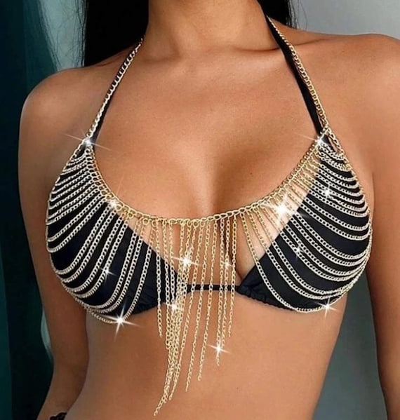 Women's Gold Body Chain Jewelry Metal Bikini Bra Summer Beach Girl