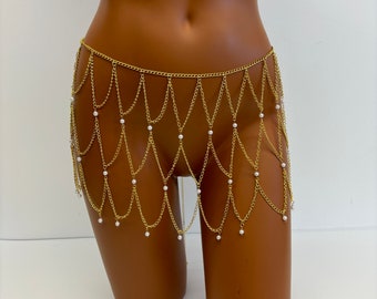 Body chain skirt, holiday jewelry, pearl waist chain, sexy body outfit, navel chain, gold waist chain, body jewelry,