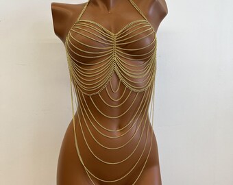 Gold body chain bra, gold and silver body accessories, holiday jewelry, sexy body outfit