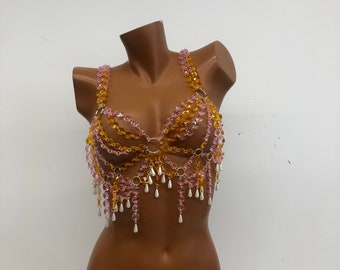 Jewel pearl body chain, bride's body jewelry, body chain bra, chain body jewelry,