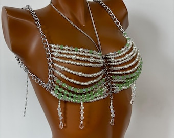 Chaîne de corps perlée à la main, haut de corps de mariée, bijoux de bikini dorés, soutien-gorge avec chaîne de perle, colliers d'épaules de soutien-gorge, cape de perle, bijoux de mariage