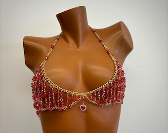 Crystal beaded chain bra top, gold chain bra top, customizable colors