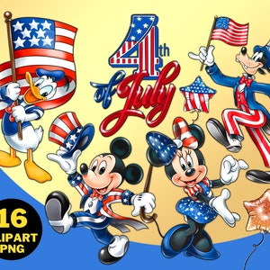 Mickey 4th July Clipart PNG, American Independence Day, Mickey Mouse, Minnie Mouse, Donald and Daisy, Goofy Pluto, Digital Illustration