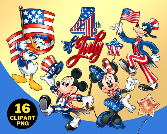 Mickey 4th July Clipart PNG, American Independence Day, Mickey Mouse, Minnie Mouse, Donald and Daisy, Goofy Pluto, Digital Illustration