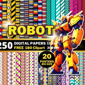 May include: A digital paper pack with 250 colorful patterns, 180 robot clipart images, and 20 posters. The pack includes a variety of geometric, striped, and polka dot patterns. The robot clipart images are in a variety of poses and colors. The posters are all in a large size.