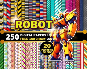 Robot Digital Papers, Robot Bee Clipart PNG, Yellow Robot Birthday Party Designs, Robot Papers Patterns, Wrapping Papers