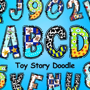 Toy Story Doodle Alphabet, Woody Character Alphabet, Buzz Lightyear Doodle Letters, Alphabet PNG Letters, Sublimation Font Designs