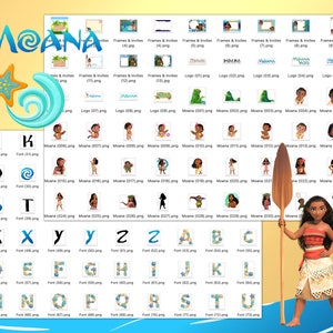 May include: A digital clipart set featuring Moana, the Polynesian princess from the Disney movie Moana. The set includes images of Moana, Maui, the demigod, and other characters from the movie. The set also includes a font, frames, and logos. The images are in PNG format.