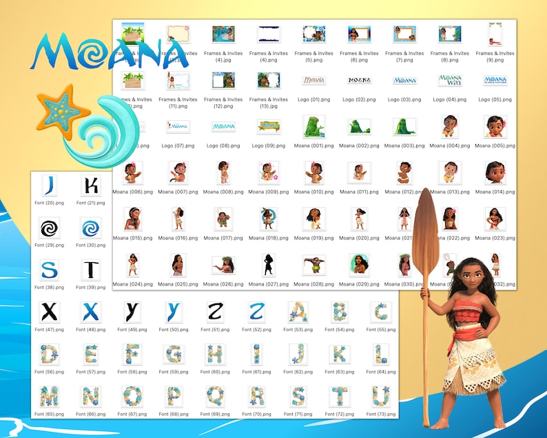 May include: A digital clipart set featuring Moana, the Polynesian princess from the Disney movie Moana. The set includes images of Moana, Maui, the demigod, and other characters from the movie. The set also includes a font, frames, and logos. The images are in PNG format.