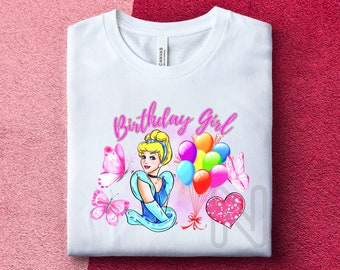 Sublimación de Cenicienta PNG, Camisa de fiesta de cumpleañera, Princesa Cenicienta, Diseños de sublimación de mariposas de globos