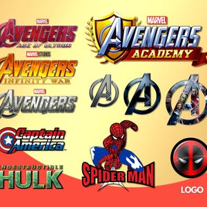 May include: A collection of Marvel superhero logos, including Avengers, Captain America, Hulk, Spider-Man, and Deadpool. The logos are in various colors and styles, with some featuring the Marvel logo.