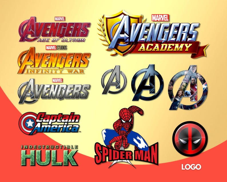 May include: A collection of Marvel superhero logos, including Avengers, Captain America, Hulk, Spider-Man, and Deadpool. The logos are in various colors and styles, with some featuring the Marvel logo.
