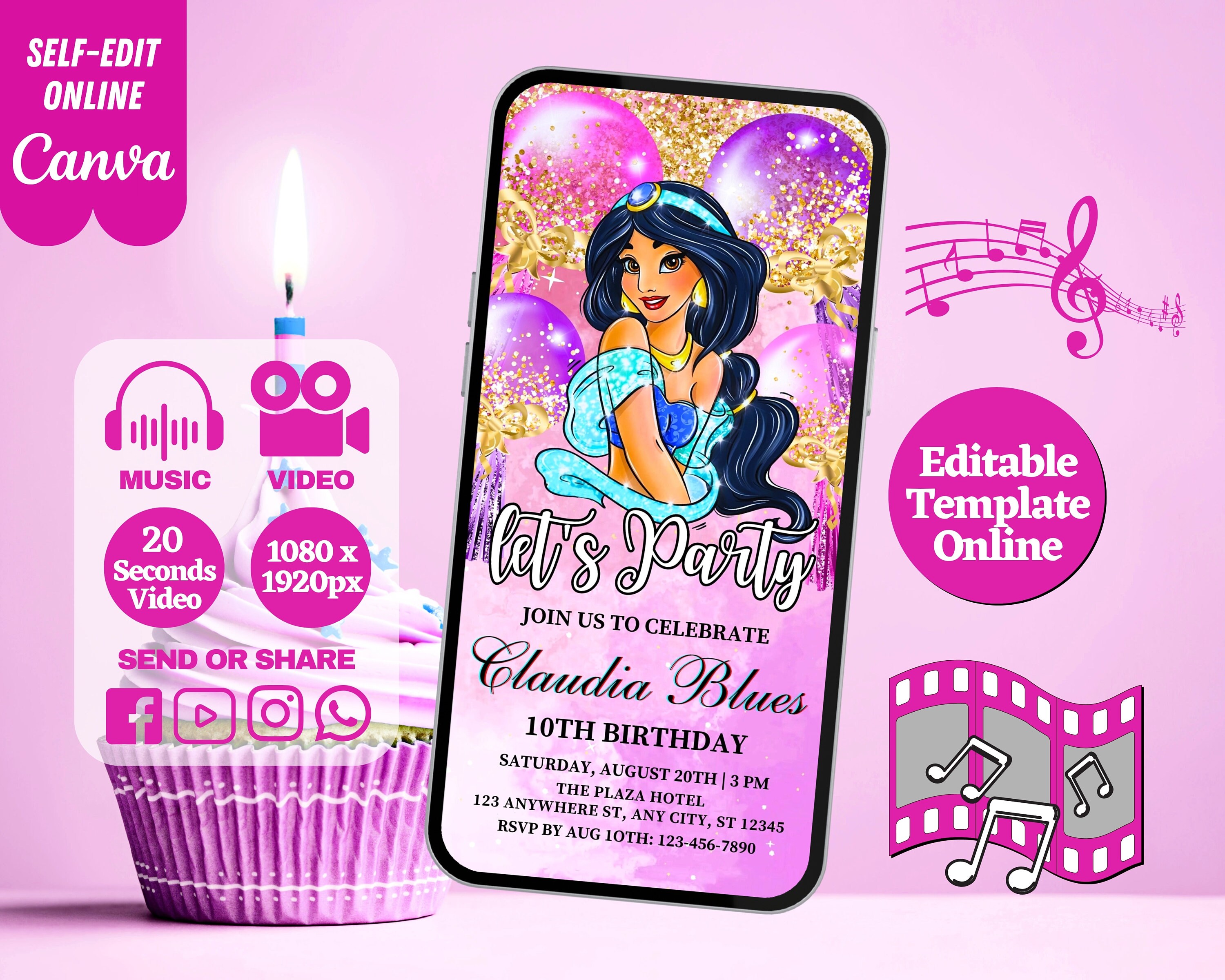 Princess Aladdin Jasmine Birthday Video Invitation, Aladdin Jasmine ...