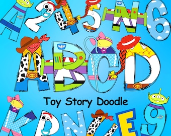 Toy Story Doodle Alphabet, Woody Character Alphabet, Buzz Lightyear Doodle Letters, Alphabet PNG Letters, Sublimation SVG Font