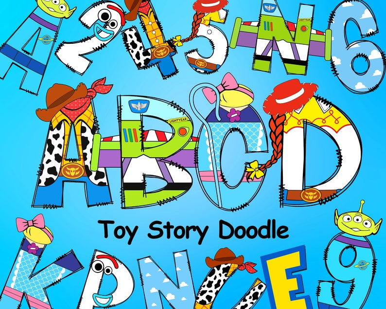Pode incluir: Letras do alfabeto com tema Toy Story em estilo doodle. As letras s&atilde;o decoradas com personagens do filme, como Woody, Buzz Lightyear e Jessie. As letras s&atilde;o coloridas e divertidas, e seriam perfeitas para o quarto de uma crian&ccedil;a ou uma sala de aula.