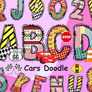 Cars Doodle Alphabet, Lightning McQueen Font, Cars McQueen PNG, Cars Alphabet Letters, Cars Sublimation Font Designs
