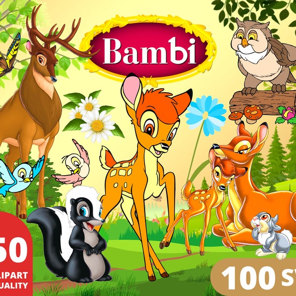 Bambi Clipart PNG, Bambi SVG Bundle, Bambi Illustration, Forest Animal, Thumper Flower Deer, Bambi Baby Shower, Bambi Shirt Designs