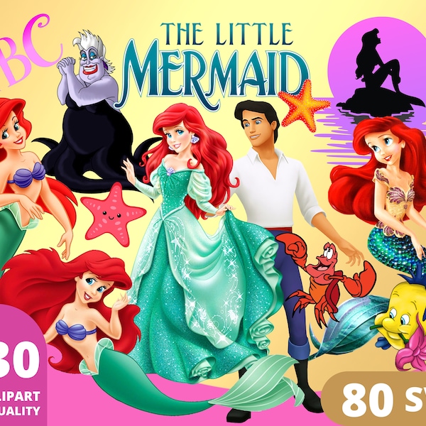 Little Mermaid Clipart PNG, Princess Ariel Clipart, Underwater, Seashell, Sebastian, Flounder, Triton, Birthday Gifts, Princess PNG