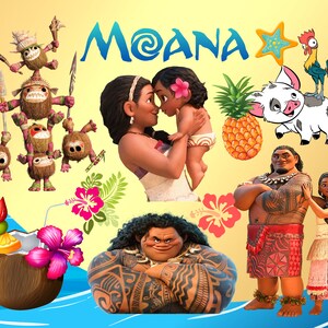 May include: A colorful illustration featuring characters from the animated film Moana. The image includes Moana, Maui, Pua the pig, Hei Hei the rooster, and the demigod Maui. The image also includes a pineapple, a coconut drink, and a hibiscus flower.