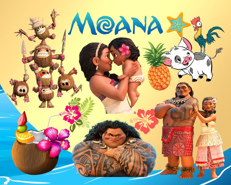 May include: A colorful illustration featuring characters from the animated film Moana. The image includes Moana, Maui, Pua the pig, Hei Hei the rooster, and the demigod Maui. The image also includes a pineapple, a coconut drink, and a hibiscus flower.
