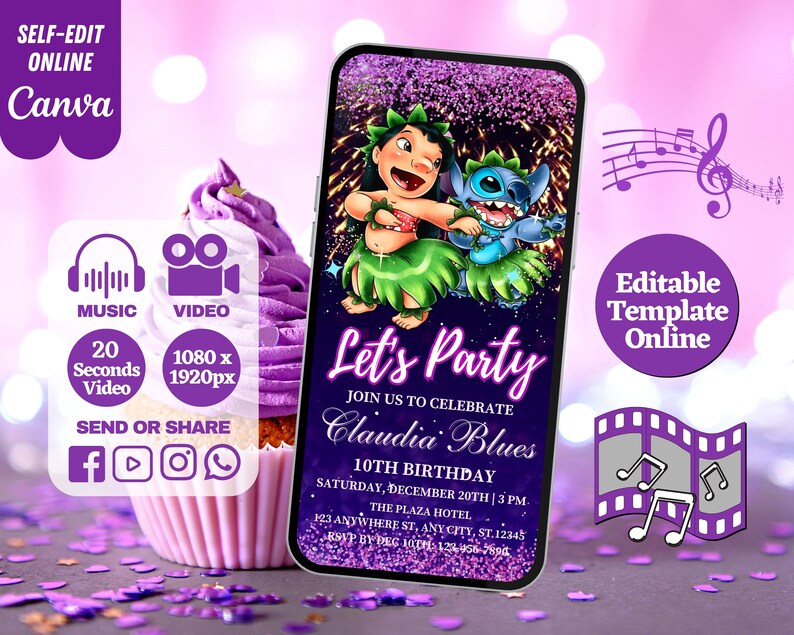 Lilo and Stitch Birthday Video Invitation, Lilo Stitch Musical Video, Editable Template, Any Age, DIY Musical Video Evites image 2