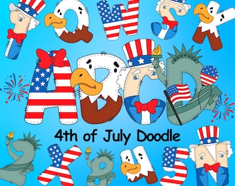 4. Juli Doodle Alphabet, amerikanischer Unabhängigkeitstag, Vaterländische Alphabet-Buchstaben, USA-Flaggen-Gekritzel-Buchstaben, Alphabet PNG, Sublimationsschrift