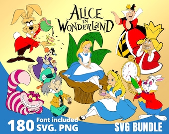 Könnte beinhalten: Ein Set mit 10 bunten Cartoon-Illustrationen mit Figuren aus Alice im Wunderland. Zu den Figuren gehören Alice, der Hutmacher, die Herzkönigin, das weiße Kaninchen und die Grinsekatze. Die Illustrationen sind im skurrilen Stil gehalten und eignen sich perfekt für Bastelprojekte, Scrapbooking oder digitales Design.