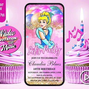 Prinzessin Cinderella Geburtstag Video Einladung, Cinderella Geburtstag Evites, bearbeitbare Vorlage, jedes Alter, DIY Musikvideo Evites