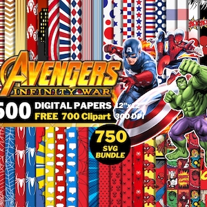Marvel Avengers Digital Papers, Super Heroes Clipart PNG, Spider Man, Capitan America, Thor, Avengers Marvel Paper Patterns