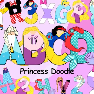 Princesa Doodle Alfabeto, Pequena Sereia Congelada Branca de Neve Cinderela Rapunzel, Letras do Alfabeto PNG, Fonte Princesa SVG