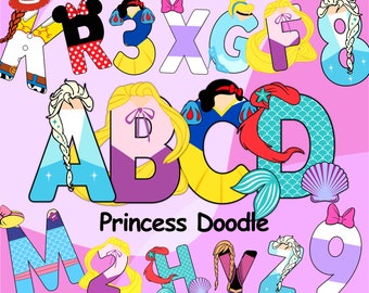 Princess Doodle Alphabet, Frozen Little Mermaid Snow White Cinderella Rapunzel, PNG Alphabet Letters, Princess SVG Font